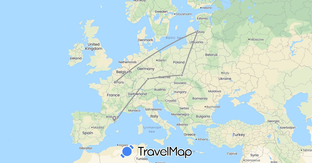 TravelMap itinerary: plane, hiking in Germany, Spain, France, Latvia, Poland (Europe)